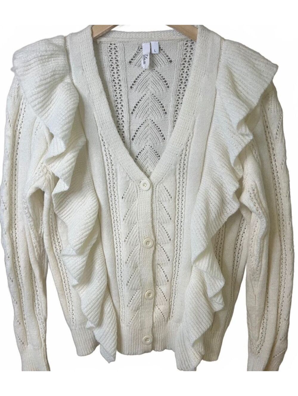 Elan Ruffle Pointelle Knit Cardigan Cream Button Front Boho Cottagecore Large